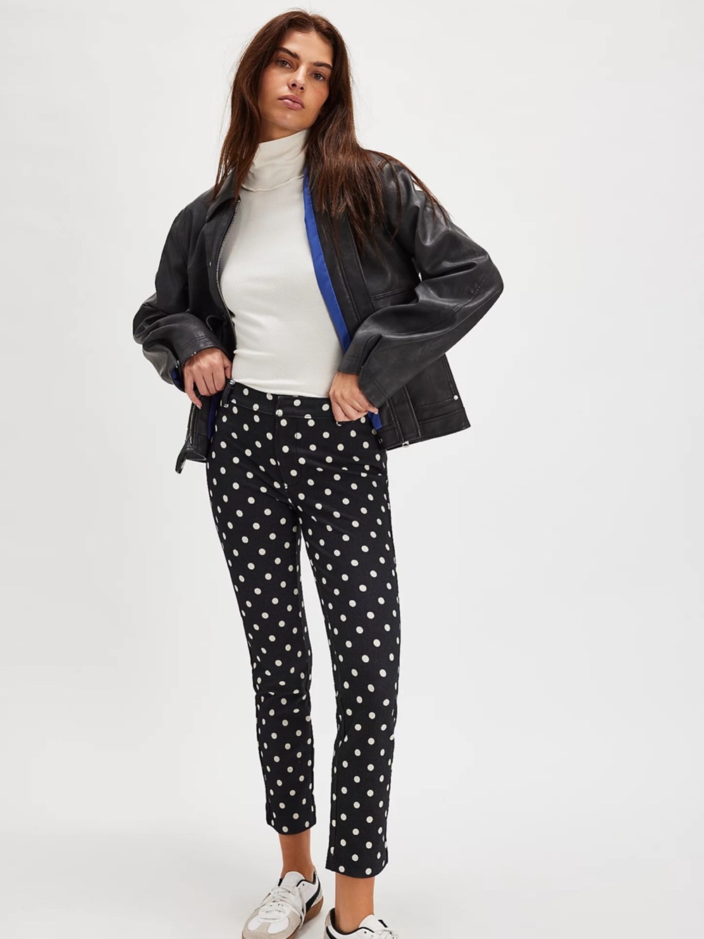 NWT Free People Molly Printed Black & White Polka Dot Slim Pants